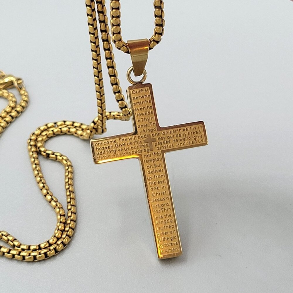Plated Stainless Steel Large Cross Pendant Necklace The Lord's Prayer 24" Chain